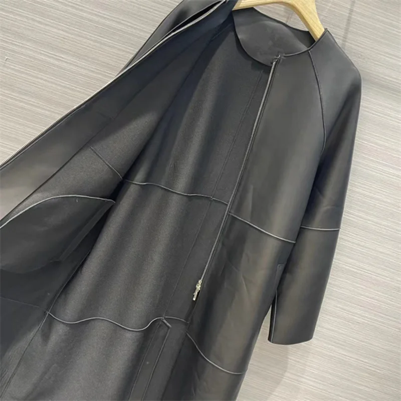 2022 New Women Leather Jacket Belt Solid Zipper Genuine Sheepskin Moto Long Trench Coats High Quality Fashion Streetwear AEL4940