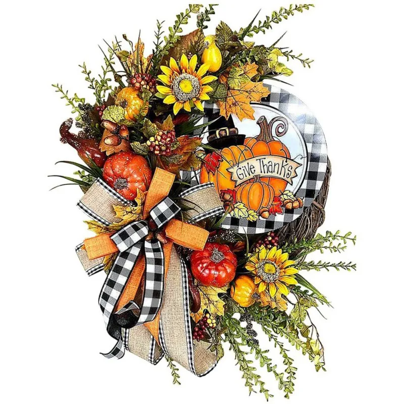 

Осенний венок для передней двери гирлянда "Подсолнух", домашний декор, венок с тыквой для осеннего урожая, Хэллоуина или благодарения