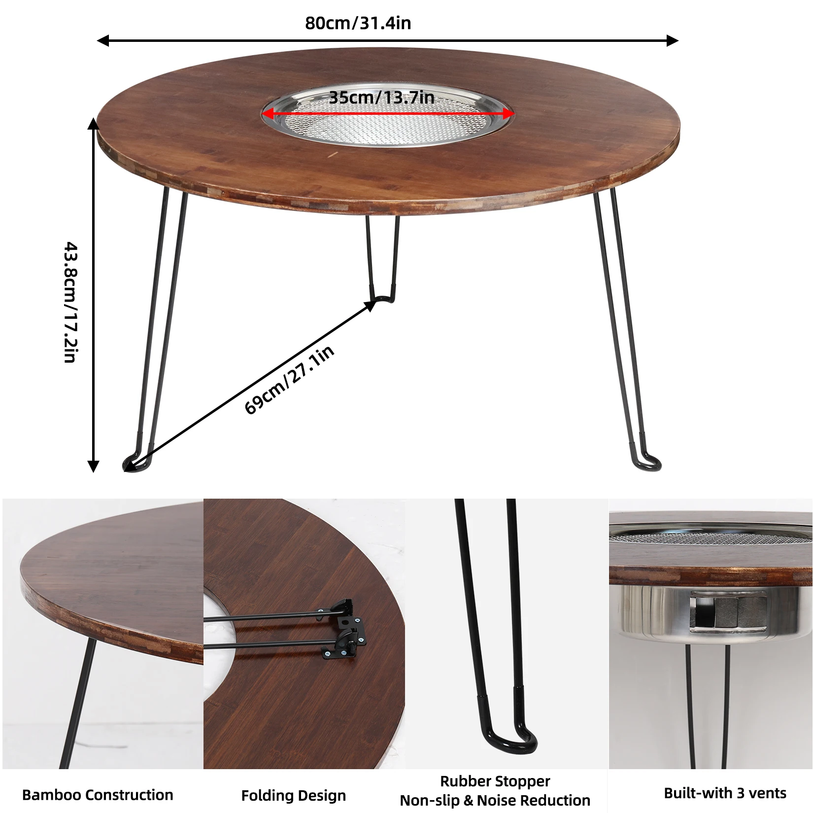 Fire Pit Table:&rdquo; Round Large Dining Table Foldable Party Table with Charcoal Grill and BBQ Picnic Tray for Outdoor Camping