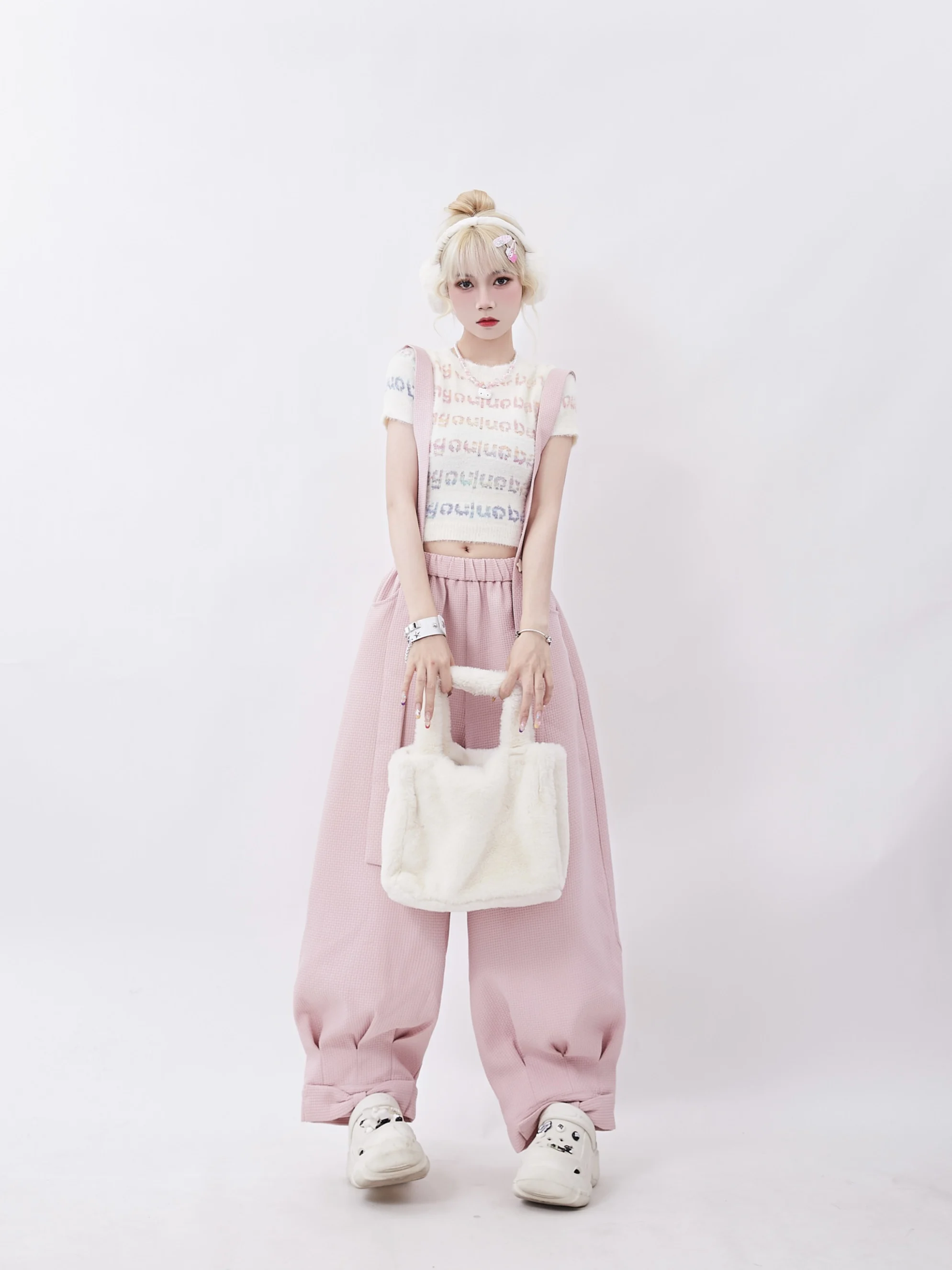 Girly Sweet Pink Cargo Pants Loose Slimming Straight Suspender Pants 2024 Summer New Fashion Butterfly Casual Pants for Women
