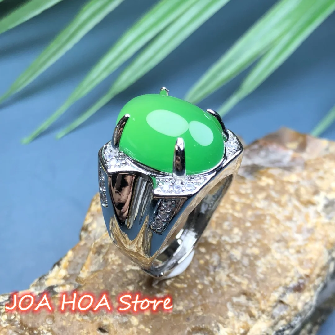 

S 925 Sterling Silver Inlaid Natural Chalcedony Agate Ring Exquisite Green Jade Handring Fine Jewelry Accessories