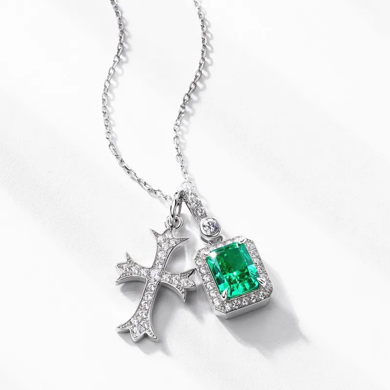 Necklace for Women's Platinum Plated Claw Set with Emerald Crystal Zircon Rectangular Cross Pendant Popular Fashion Jewelry