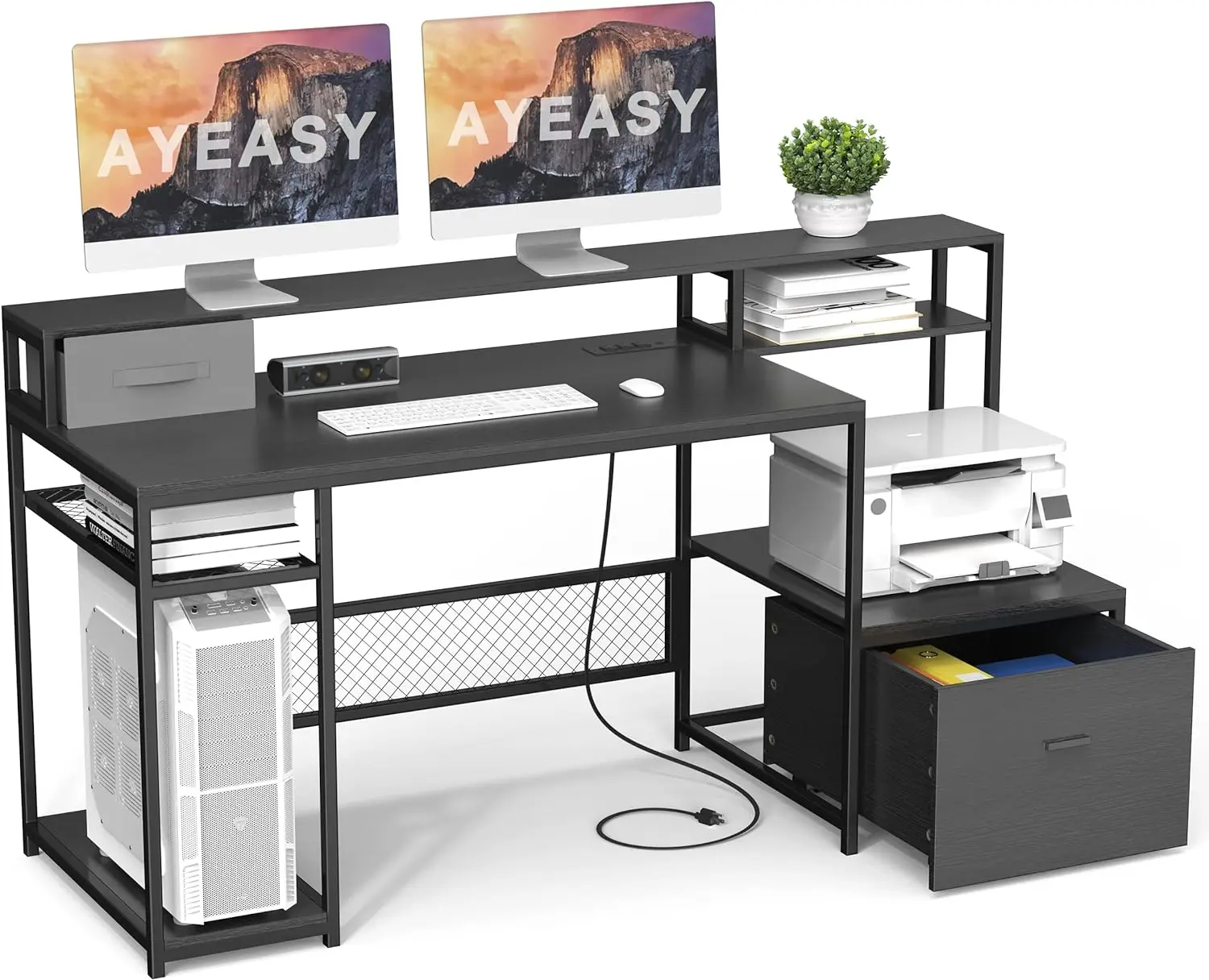 

AYEASY Home Office Desk with Monitor Stand Shelf, 66 inch Large Computer Desk with Power Outlet and USB Charging Port,