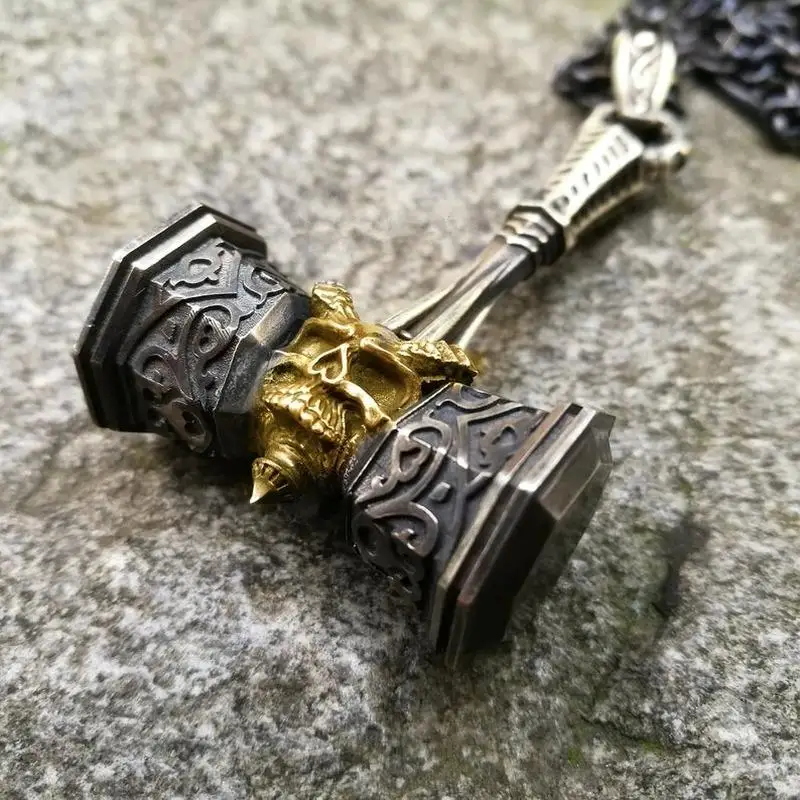 New Vintage Zinc Alloy Viking Gold Skull Thor Hammer Pendant Necklace for Men Viking Amulet Punk Jewelry Steel Chain