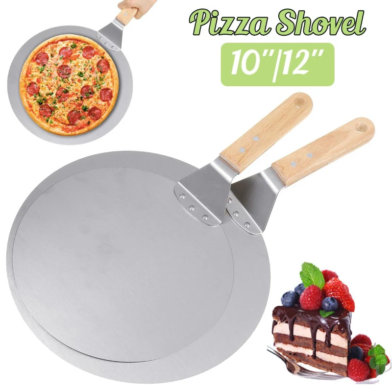 

1Pc 10/12inch Pizza Shovel Pastry Tools Stainless Steel Wooden Handle Peel Round Anti-scalding Pan Bakeware Maker
