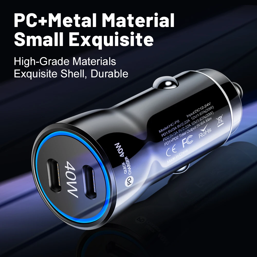Dual USB C Car Charger PD Fast Charging Adapter 40W Super Charge in Car For iPhone 16 15 14 13 12 Pro Max Samsung Huawei Xiaomi