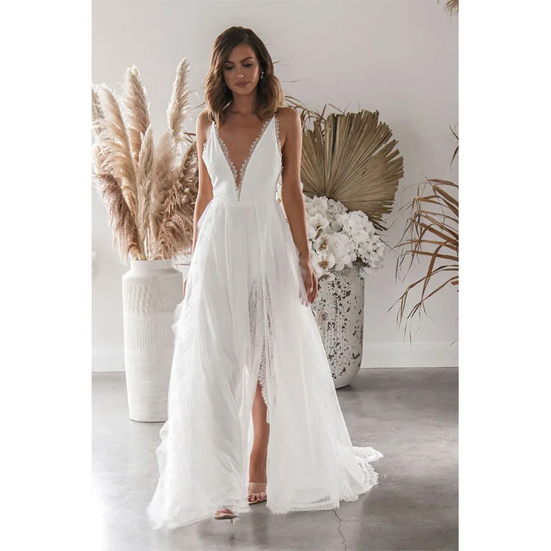 Woman Wedding Maxi Slip Dress Summer Sexy Bridesmaid Banquet White Split V Neck Backless Lace Female Long Elegant Evening Dress