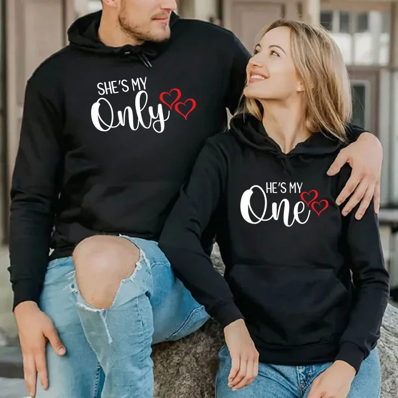 

Graphic Matching Couple Sweatshirt She’s My ONLY He’s My ONE Red Love Heart Universal Couples Honeymoon Long Sleeve Casual Hoody