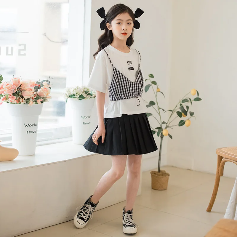 

Girls Pleated Skirts Clothes Set 10 12 years Kids Summer Clothing Short Sleeve T-shirt Two pieces Children Suits
