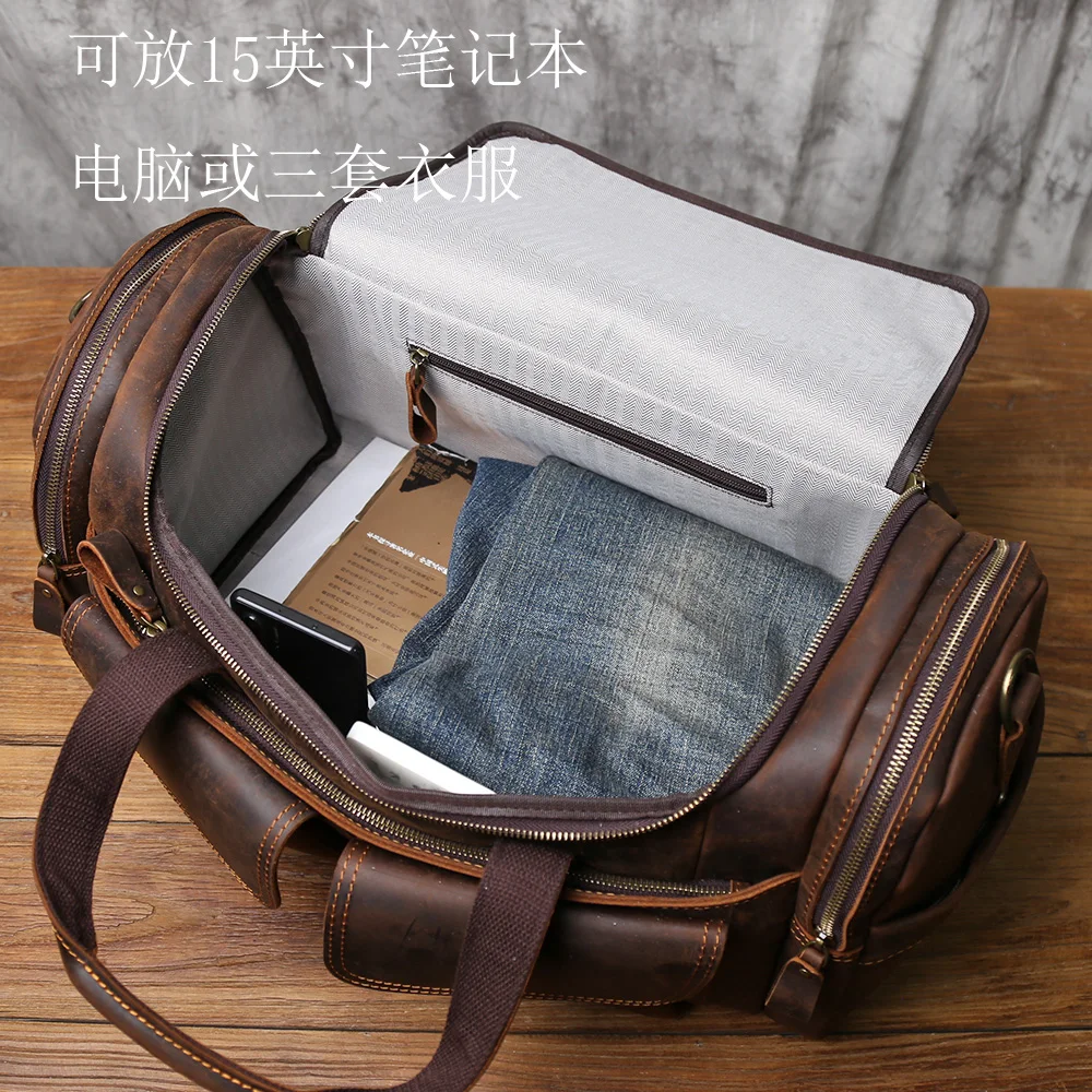 NZPJ Retro Men's Genuine Leather Travel Bag Crazy Horse Leather Large Capacity  Crossbody  Top-Grain Leather Handbag