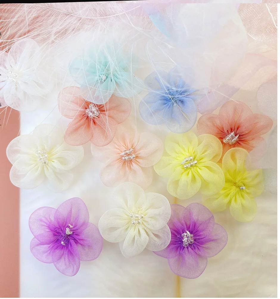 

10PCS Lace pearl flowers DIY children's socks clothing accessories pearl five-petal flower headdress hairpin material fabric han