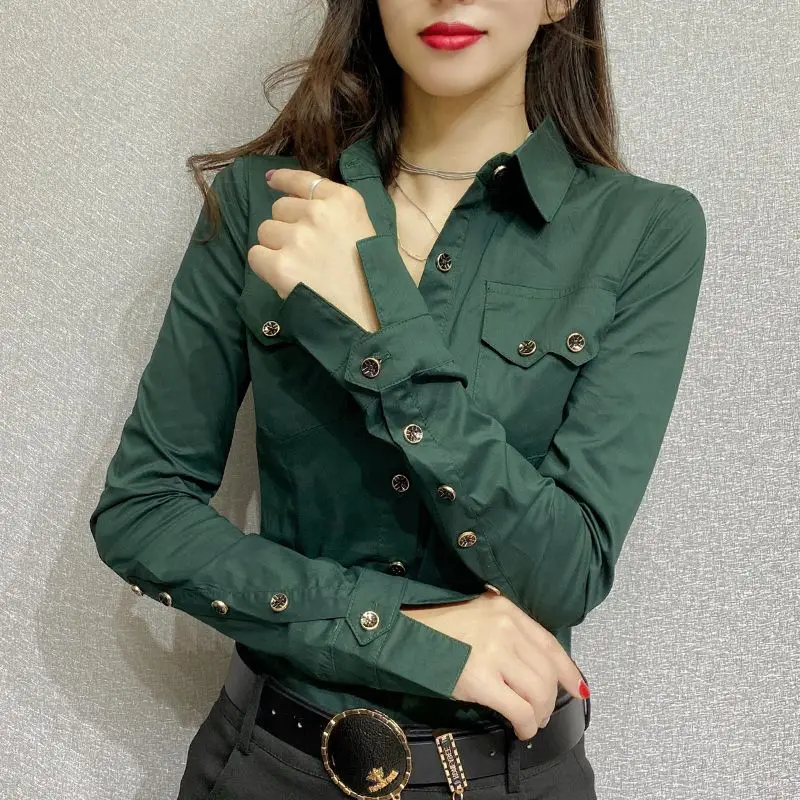 Autumn Winter Elegant Fashion Harajuku Shirt Lady Loose Casual All Match Chic Blusa Solid Button Pockets Long Sleeve Tops Women 2023 autumn women v neck with belt blazer coat and pants 2 piece set chic long sleeve pockets jacket trousers suits solid outfit
