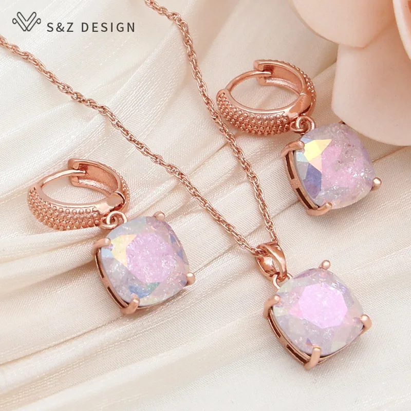 S&Z DESIGN New Fashion Square Crack Crystal Dangle Earrings Jewelry Sets For Women Wedding 585 Rose Gold Color Necklace Gift