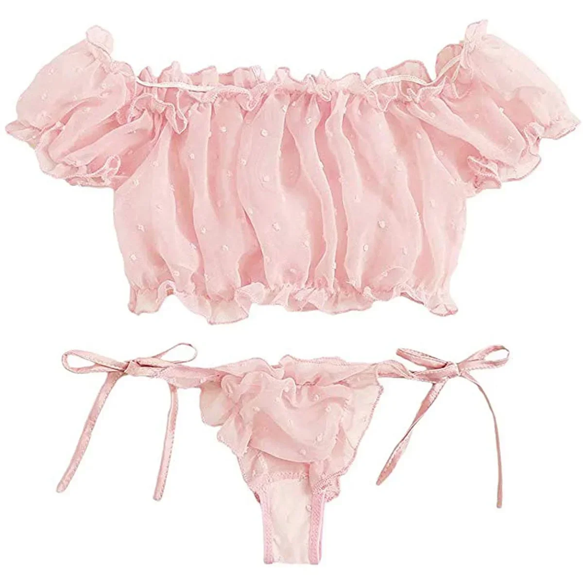 Dot Love Pattern Lace See Through Crop Tops + Thongs Sexy Lingerie Set for Women Underwear Pajamas Underwear Porn Erotic Set