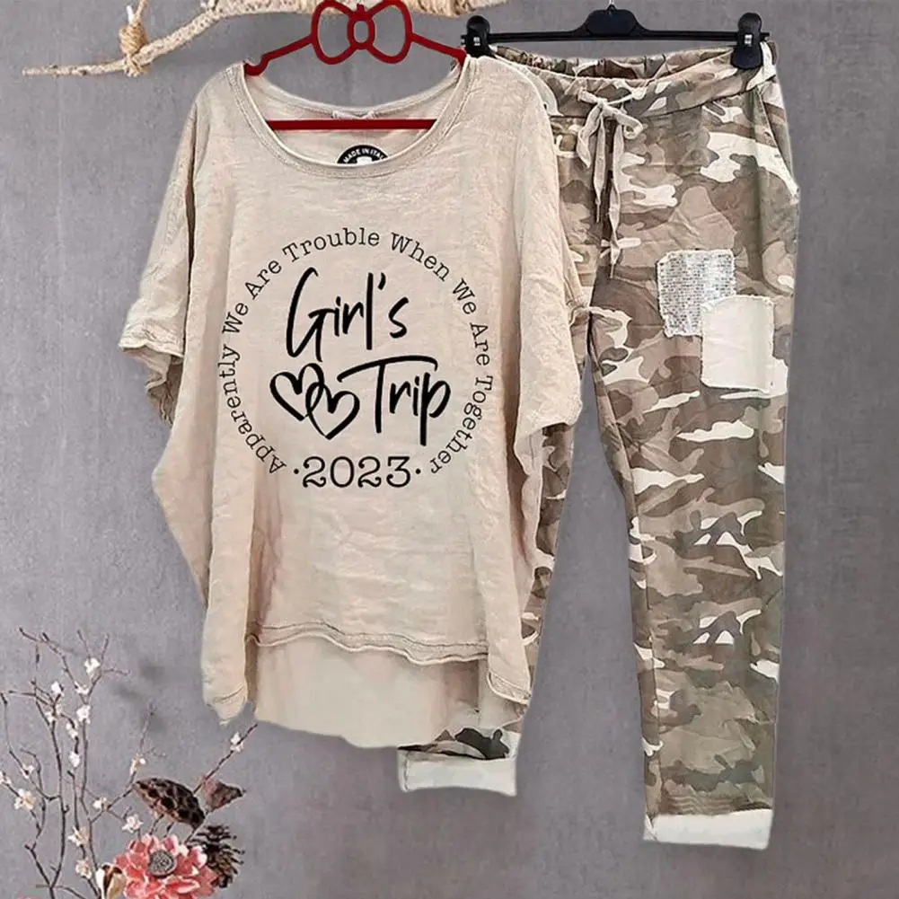 

Women's Cotton Blend Suit Stylish Women's Summer Casual Suit Set with Round Neck Fashion Printing Lightweight Cotton for Lady