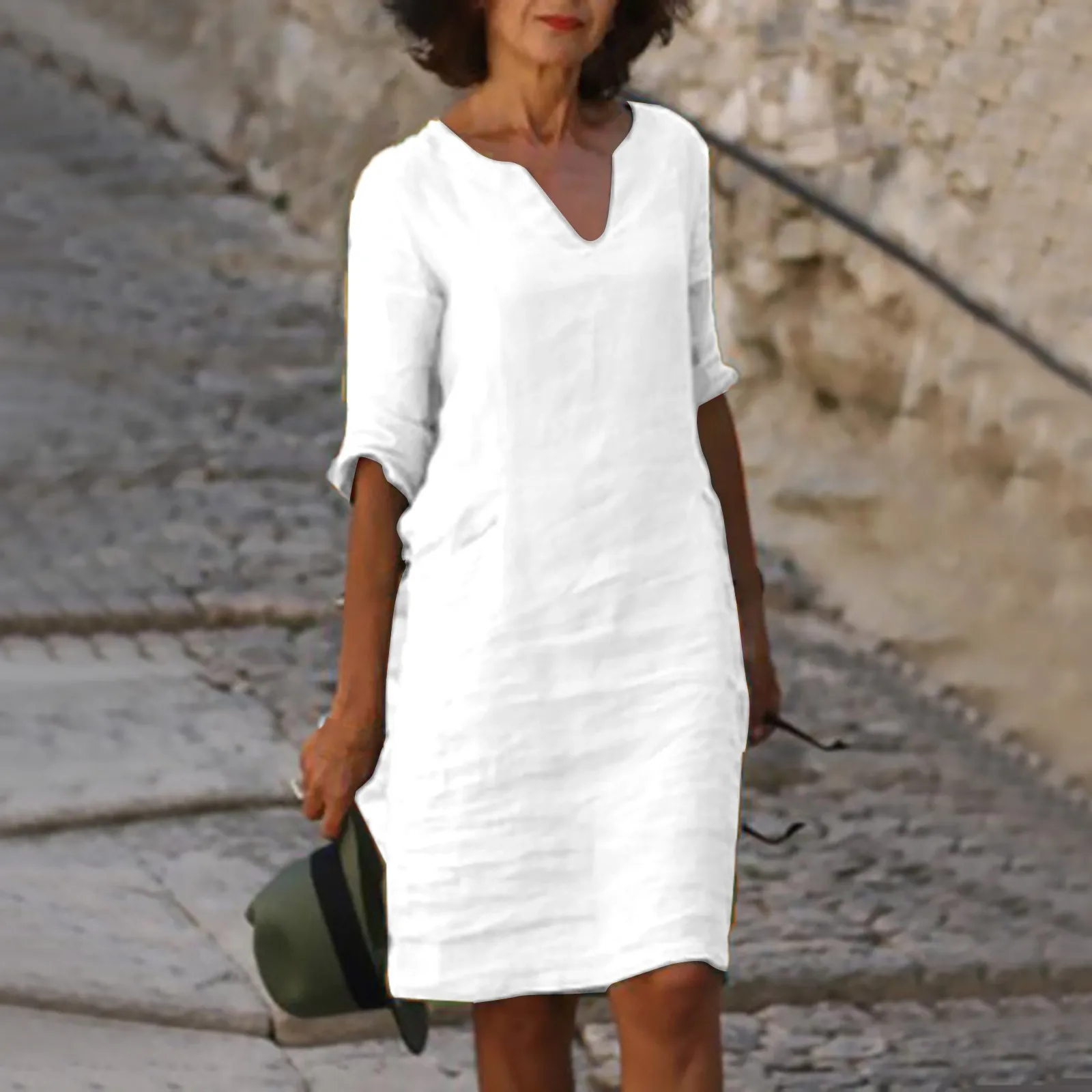 Cotton-And-Linen-Dress-Women-Short-Sleeve-V-Neck-Mini-Dress-Solid-Color ...