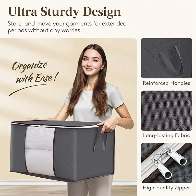 3pcs Large Storage Bag, Foldable Clothes Storage Box, Camping Sleeping Bag Storage Bag with Zipper and Lid,Suitable for Clothes