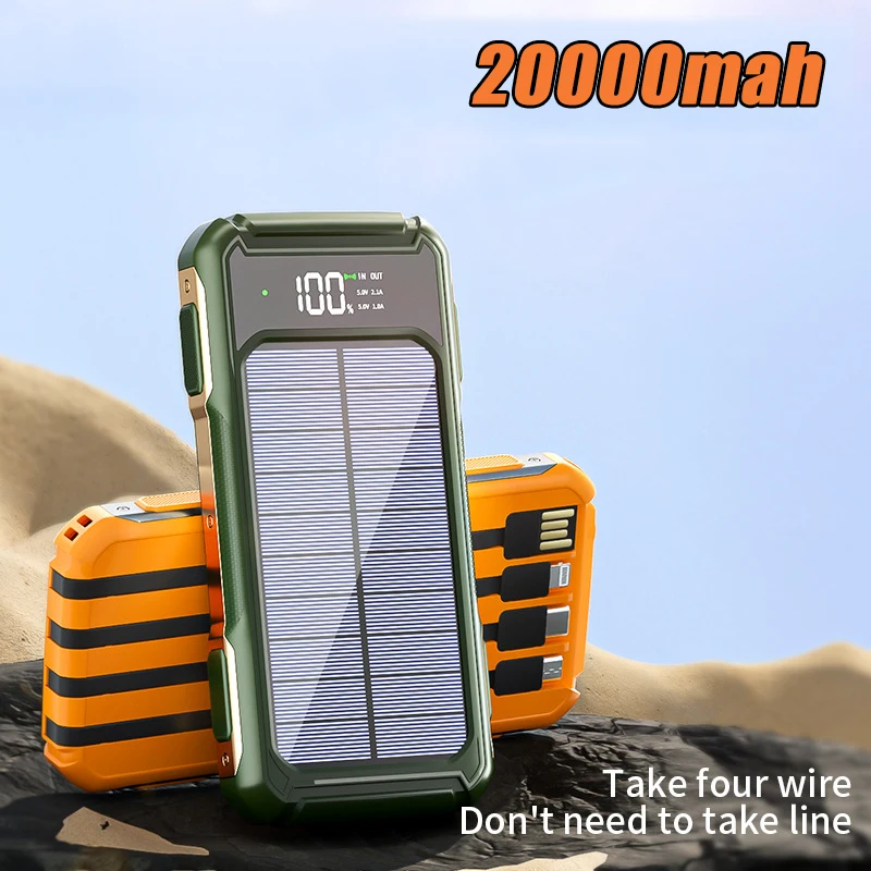 

20000mah Solar Power Bank with LED Light Digital Display Powerbank Built in Cables for iPhone 12 Samsung Huawei Xiaomi Poverbank