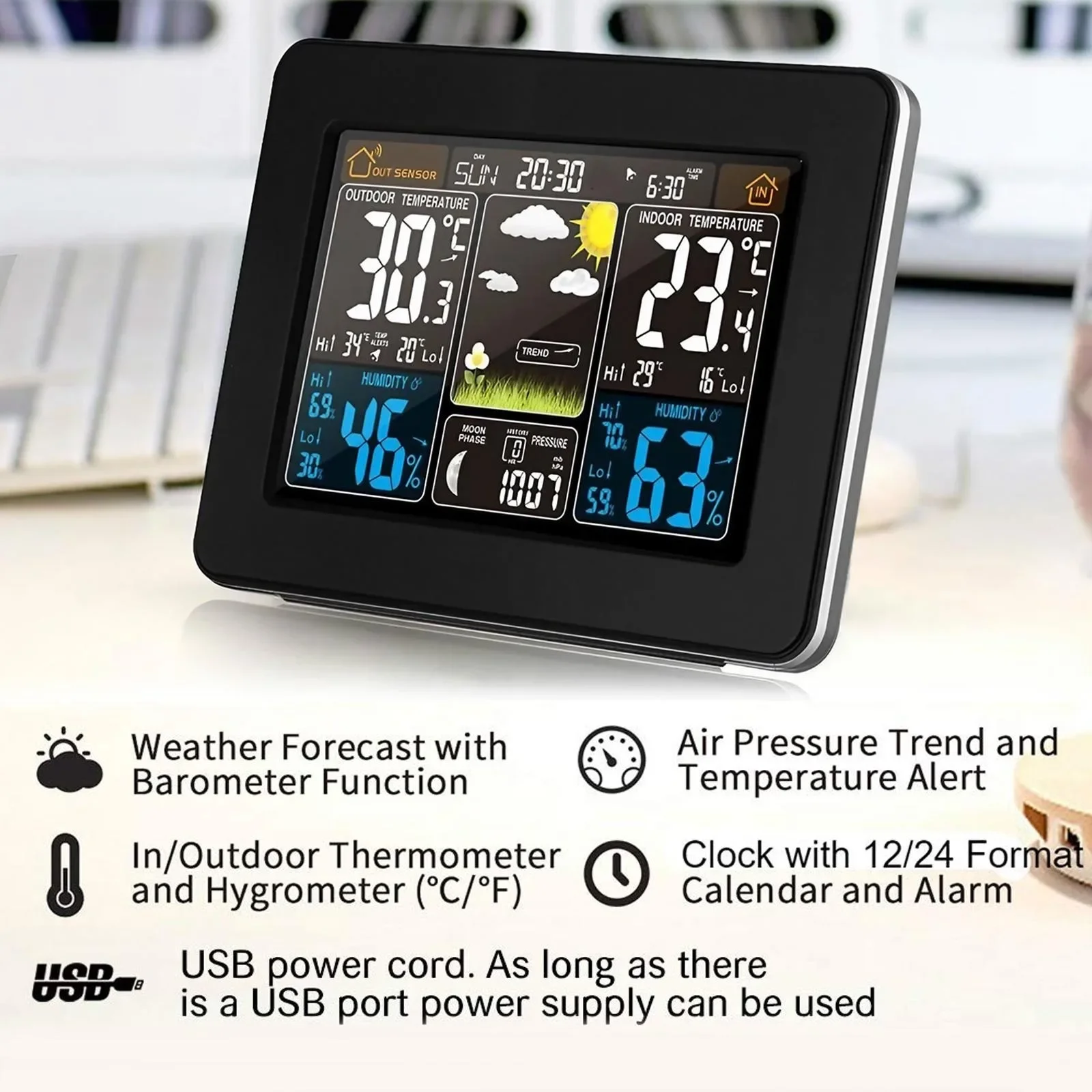 Wireless Temperature and Humidity Meter Weather Clock Home Thermometer Weather Station LCD Wall Mounted Large Color Screen