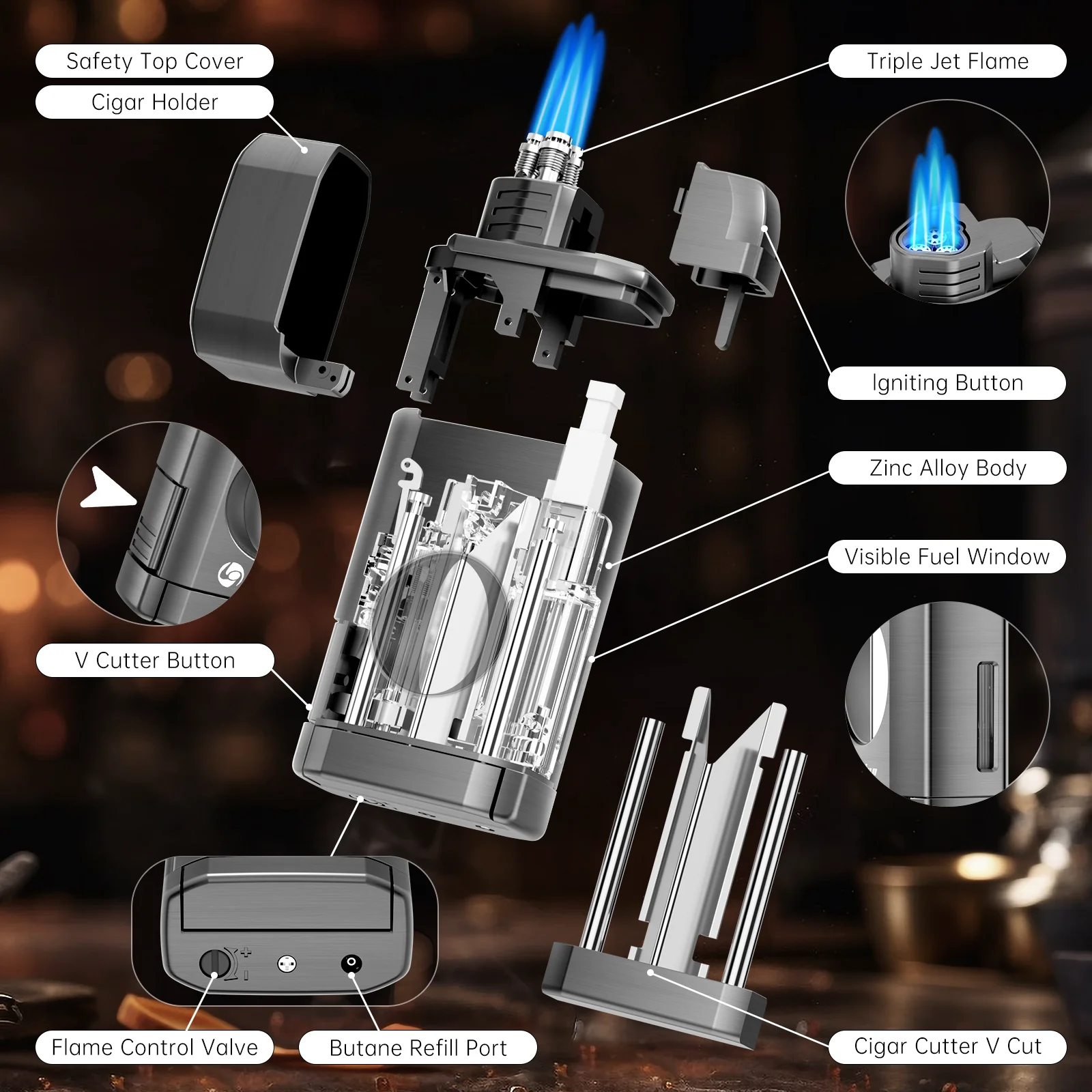 Cigar Lighter Multi-Function Torch Lighter Built-in Cigar Holder&One-Touch Cutter V Cut 3 Jet Flame Butane Lighters Accessories Butane Lighter