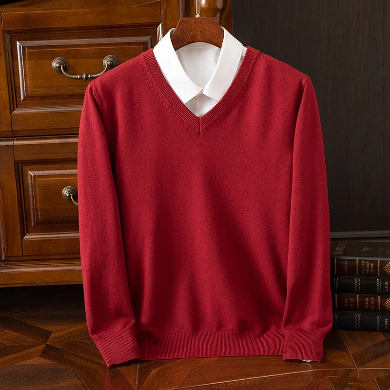 In autumn and winter, the new 2024 men's V-neck 100% pure wool plus size loose casual sweater thickened Hugh knitted sweater top 2