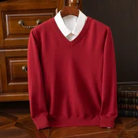 In autumn and winter, the new 2024 men's V-neck 100% pure wool plus size loose casual sweater thickened Hugh knitted sweater top 2