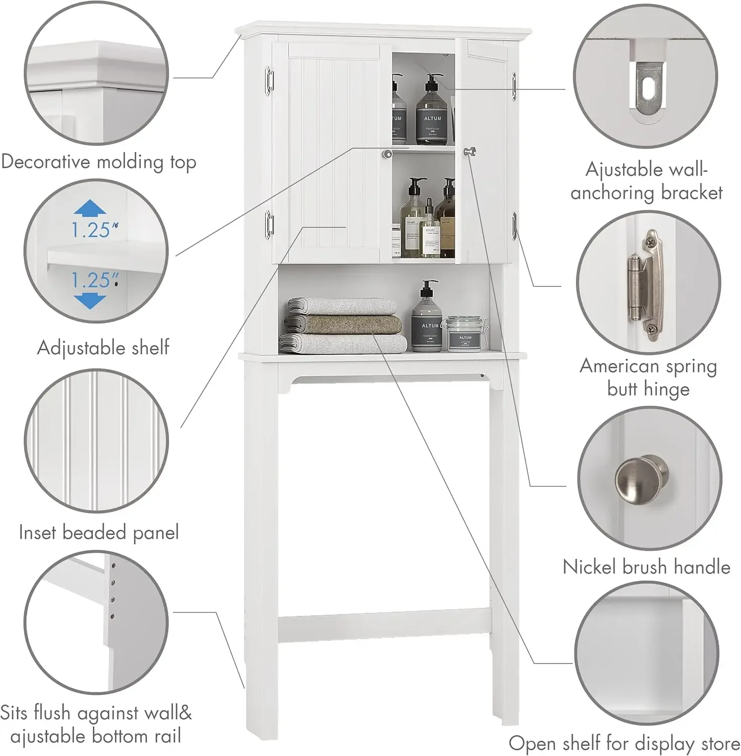 Storage Over The Toilet, Cabinet Organizer with Adjustable Shelves and Double Doors, Wood Space Saver, White 3