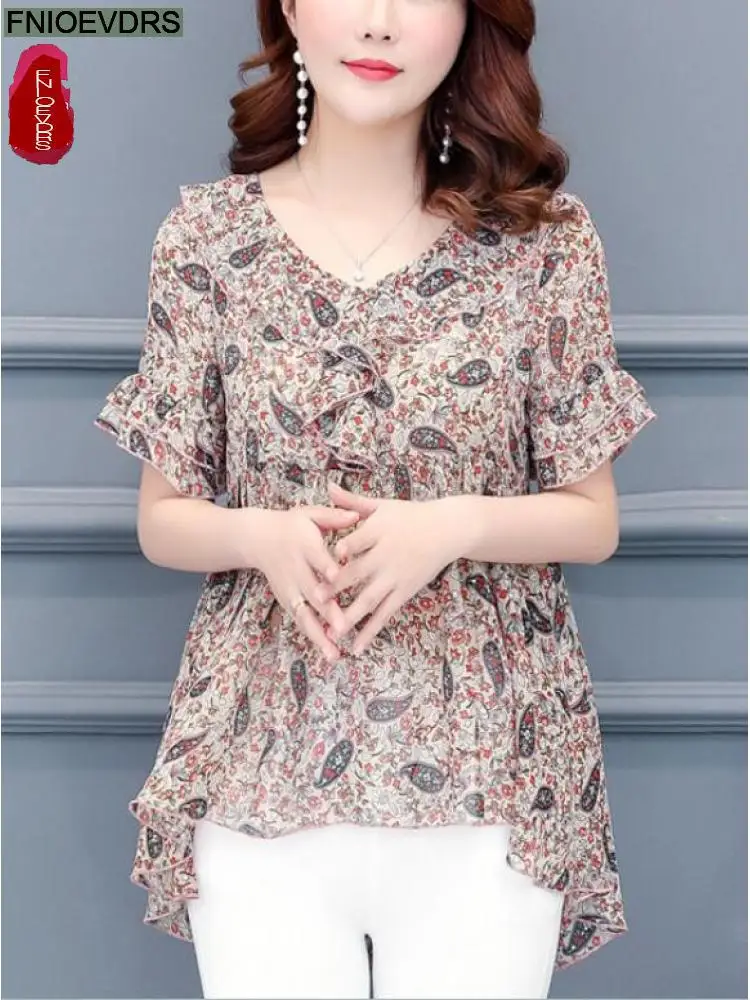

M-5XL Loose Clothes 2023 Women European Style Office Lady Baby Shirt Design Floral Ruffles Belly Black Tunic Peplum Top Blouse
