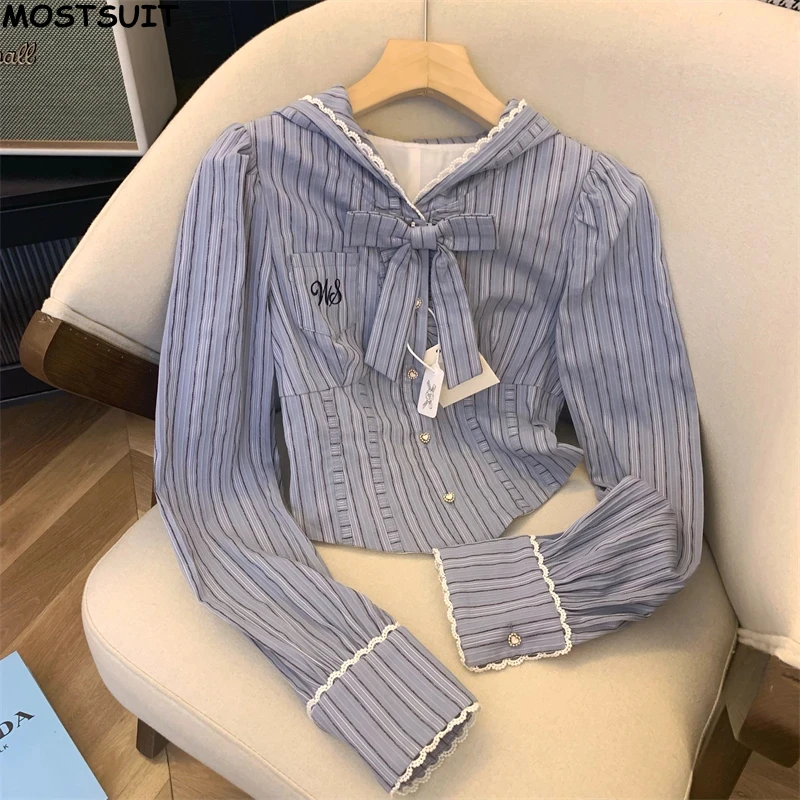 Blue Hooded Striped Shirt For Women Bow Slim Fit Stylish Streetwear Chic Tops 2024 Autumn Long Sleeve Ladies Blouse Women Clothe blouses lace splicing hollow out blouse in blue size s