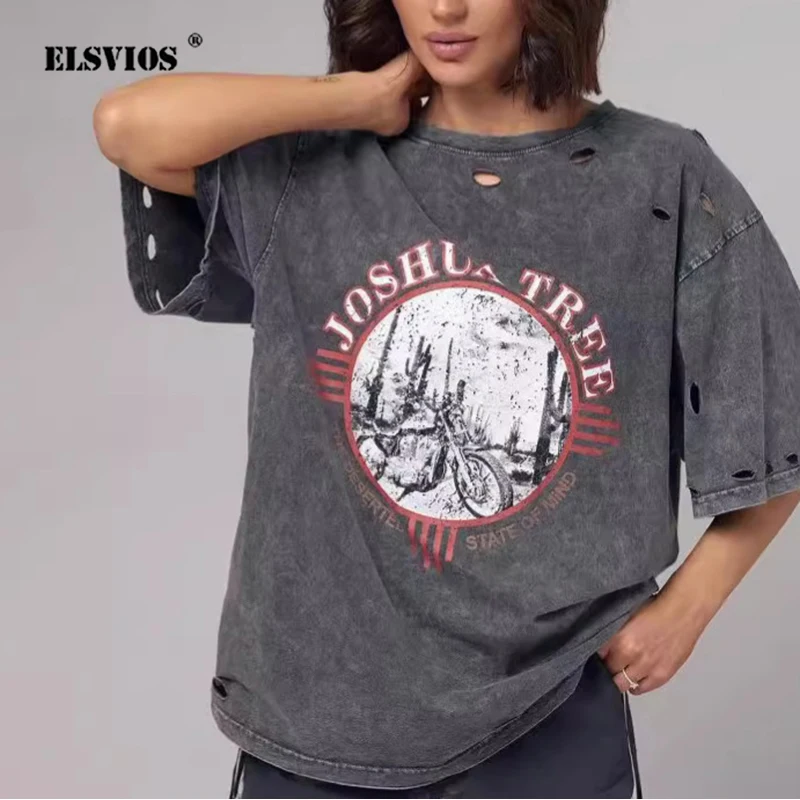 

Новинка лета 2024, Женская свободная футболка с разбитыми дырками, яркая футболка с универсальным дизайном в уличном стиле, женская одежда