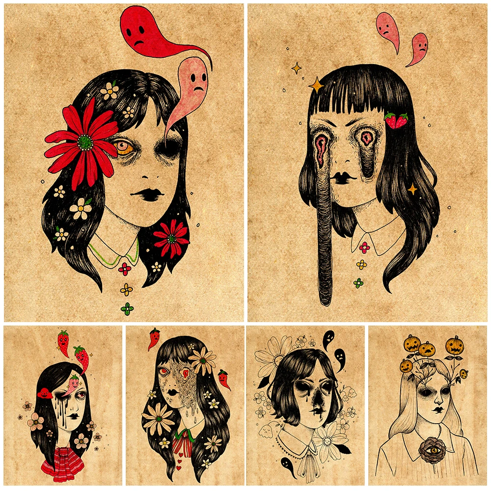 

Strawberry Ghost And Horror Girl Vintage Wall Art Canvas Painting The Terrible Little Witch Portrait Art Poster And Print Decor