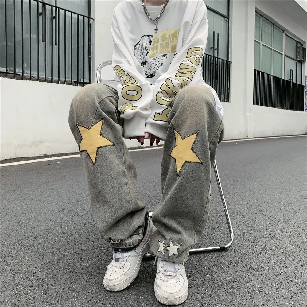 Handsome Jeans Boys and Girls Trendy XINGX Pattern Loose Slimming and Straight Wide-Leg Pants Zipper Casual Trousers