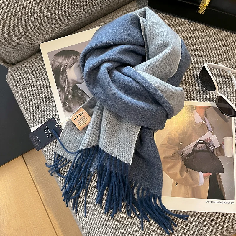 thumbnail image 1 of Bufanda de lana 100 % para mujer y hombre, estilo británico, tartán, cachemir liso, bufandas con borlas, bufanda cálida de invierno para mujer, chal 2024, 1 of 5