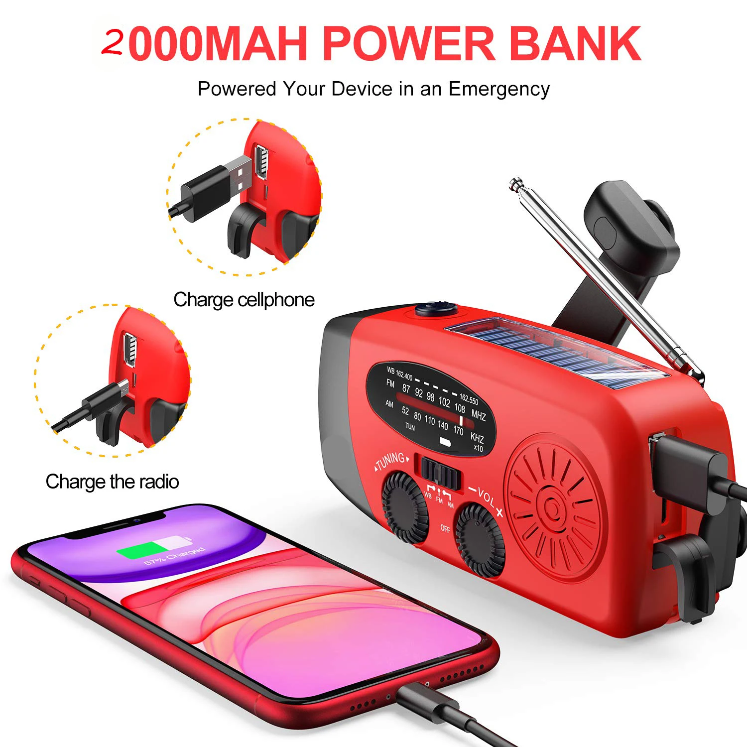 Hand Crank Radio With Flashlight For Emergency Portable Solar Self Powered AM/FM Weather with 2000mAh Power Bank Charger |
