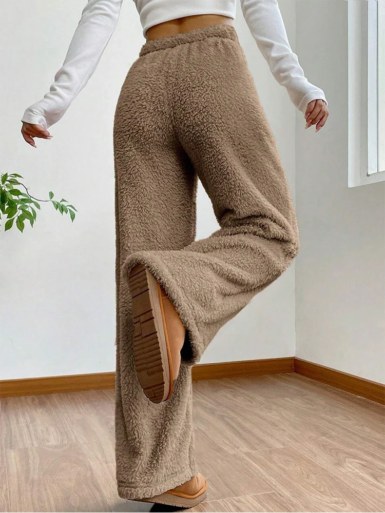 Autumn Winter Solid Women Plush Warm Fleece Wool Pants Casual Loose Drawstring Women High Waist Comfortable Material Sweatpants 2