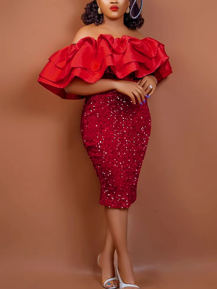 

Elegant Women Sequin Red Dress Velvet Off Shoulder Chest Wrap Rufles Glitter Dresses Bodycon Party Celebrity Birthday Gowns 4XL
