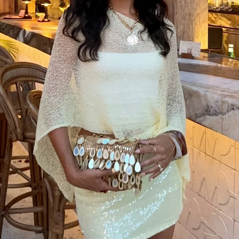 Femmes tricot couvertures été automne transparent irrégulier pull ample été plage Smock culture hauts Bikinis couverture Ups