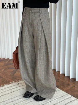 [EAM] Pantaloni a gamba larga lunghi in lana spessa a pieghe a righe marroni a vita alta Nuovi pantaloni Moda donna Marea Autunno Winer 2025 1DH7548 1