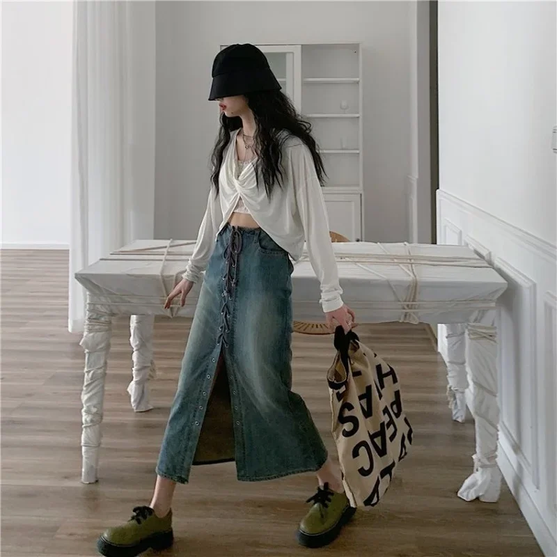 Fashion Temperament  Long Skirts for Women Spring and Autumn Sexy Retro Strap High Waist Fishtail Cowboy Bust Straight Skirt luxury noble temperament brocade fashionable retro style women s scarves thin spring autumn versatile imitation silk scarves