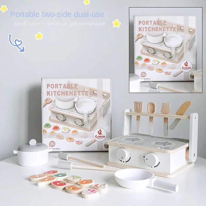 DokiToy Children's Wooden Portable Mini Kitchen Household Gas Stove Toy Children's Cooking And Frying Set Simulation Tableware