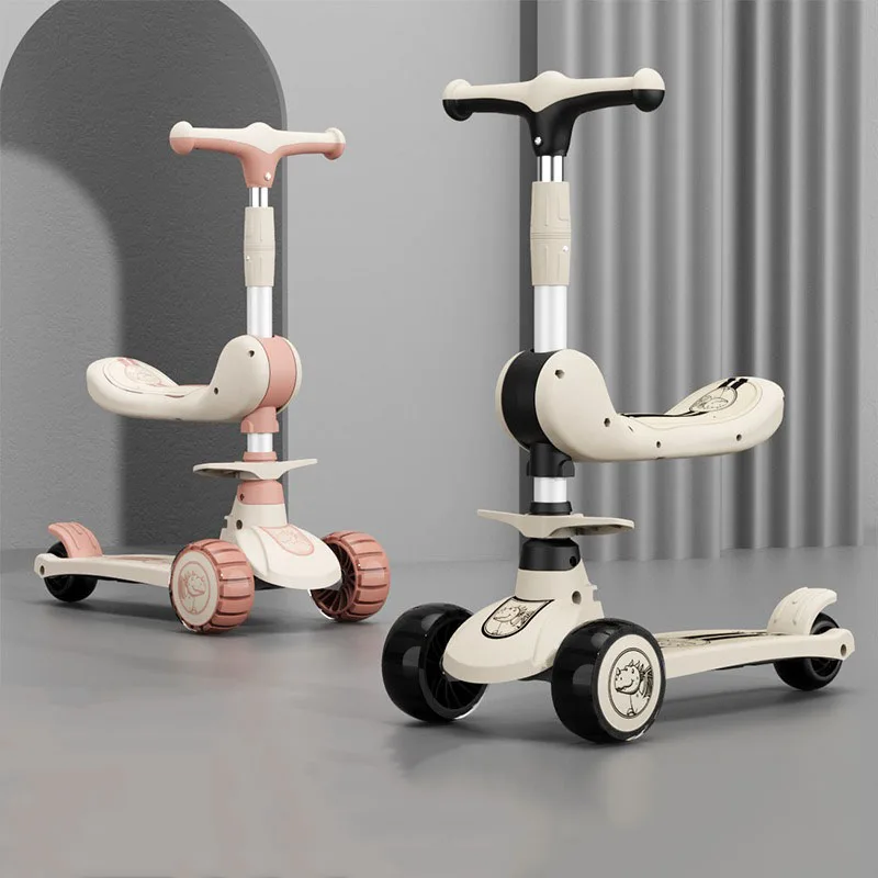 2 IN 1 Children's Kick Scooter 3 Height Adjustable Music Light Foldable 3-Wheels Child Scooter Boy Girl Age 2-10