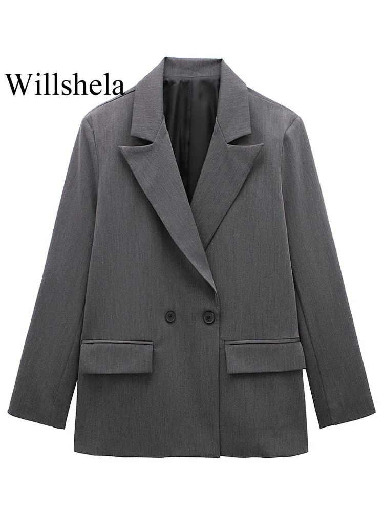 Willshela Women Fashion With Pockets Solid Double Breasted Blazer Vintage Long Sleeves Notched Neck Female Office Lady Outfits 2