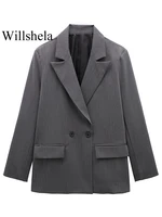 Willshela Women Fashion With Pockets Solid Double Breasted Blazer Vintage Long Sleeves Notched Neck Female Office Lady Outfits 2