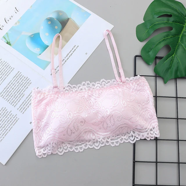 2021 Female Summer Crop Tank Top Women Fashion Deep V Lace Bras Embroidery Floral Tank Top Bra Wrapped Chest Camisole Padded Bra pink 8