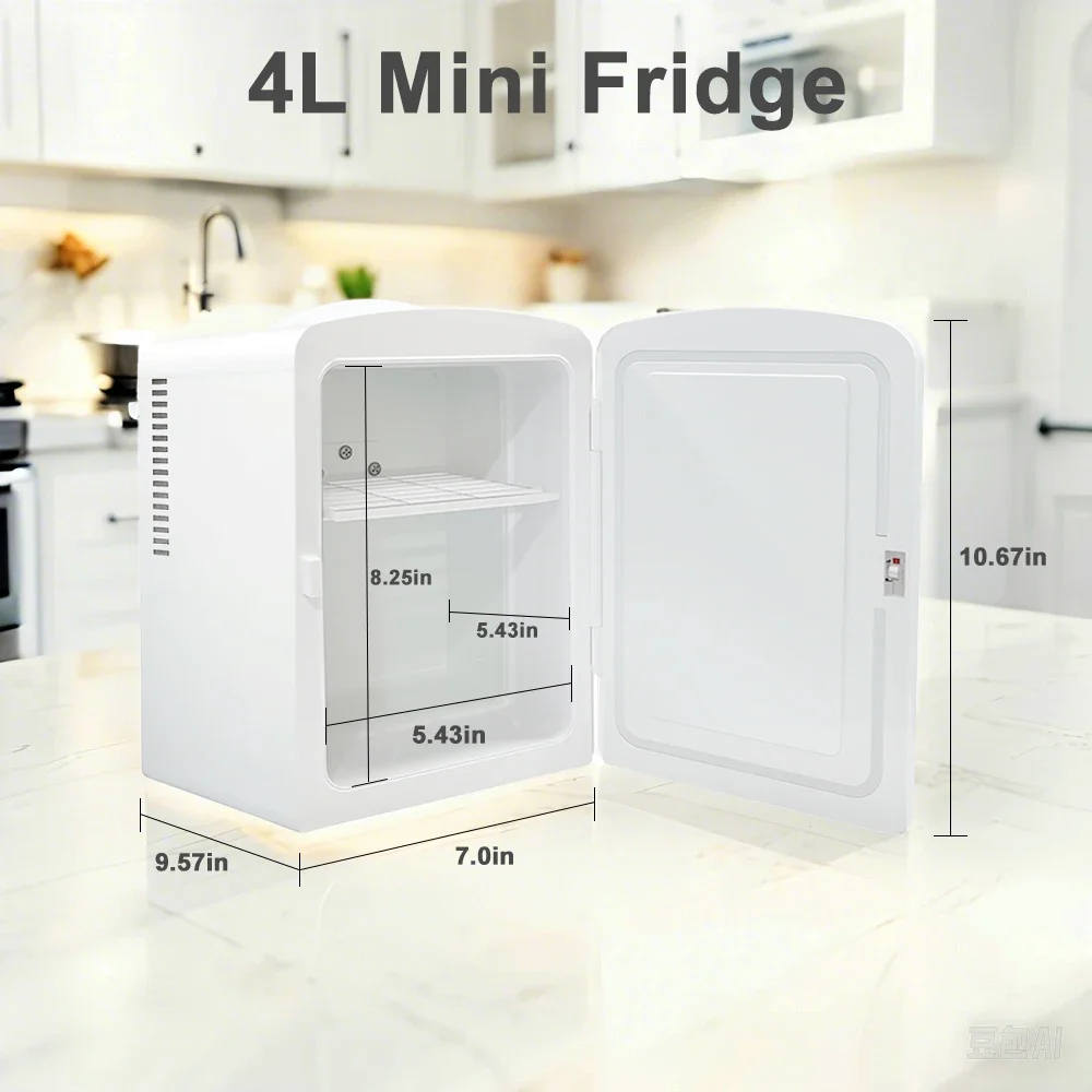 Portable Mini Fridge 4L/6Can Capacity Personal Cooler for Skin Care Cosmetics Beverage Food-Compact Cooling for On-the-Go