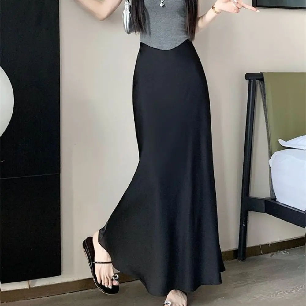Basic Summer Satin Silk Long Skirt High Waist Half Body Dress High Waisted Skirts Slim Fit A Line Midi Skirt Social