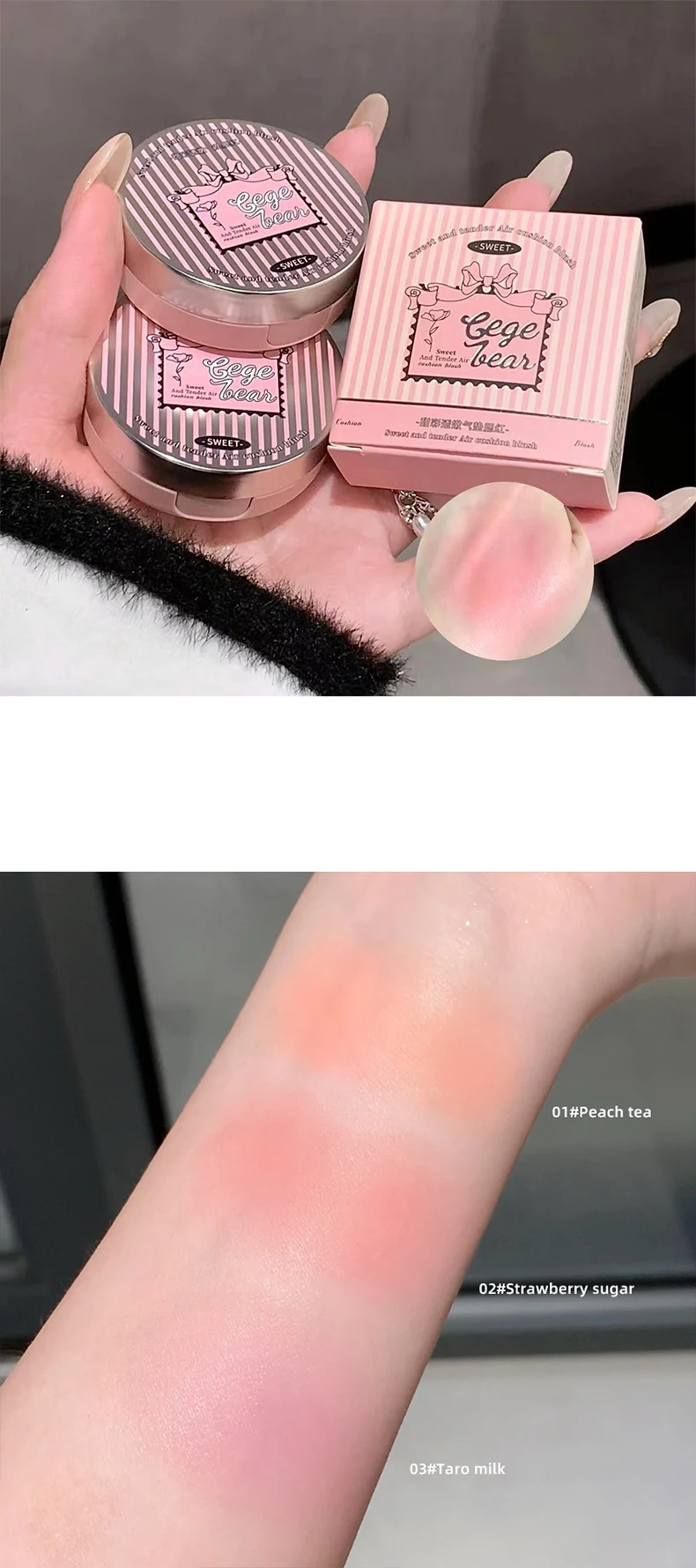 Description Picture 6 of itemSweet Color Air Cushion Blush Cream Waterproof Lasting Natural Cream Cheek Tint Blusher with Puff Peach Pink Rouge Blush Makeup