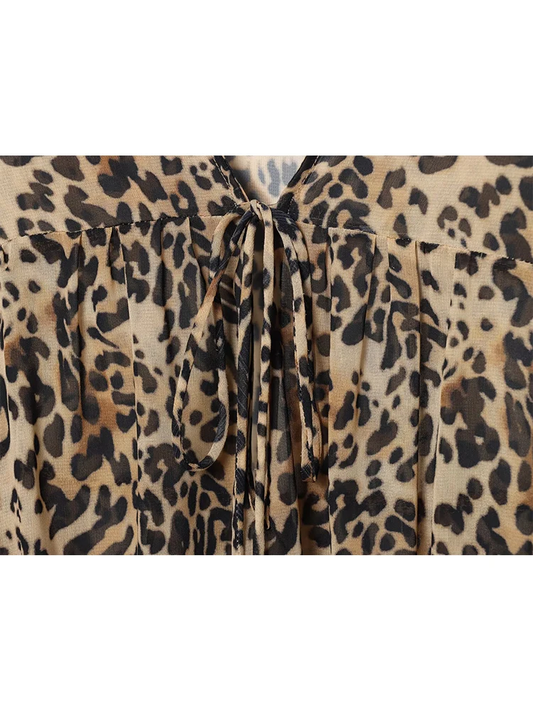 New Ladies Sexy Long Sleeve Mini Dress Summer Leopard Printed Lace Up Beach Dress Chic Tierred Decoartion Female Short Dress