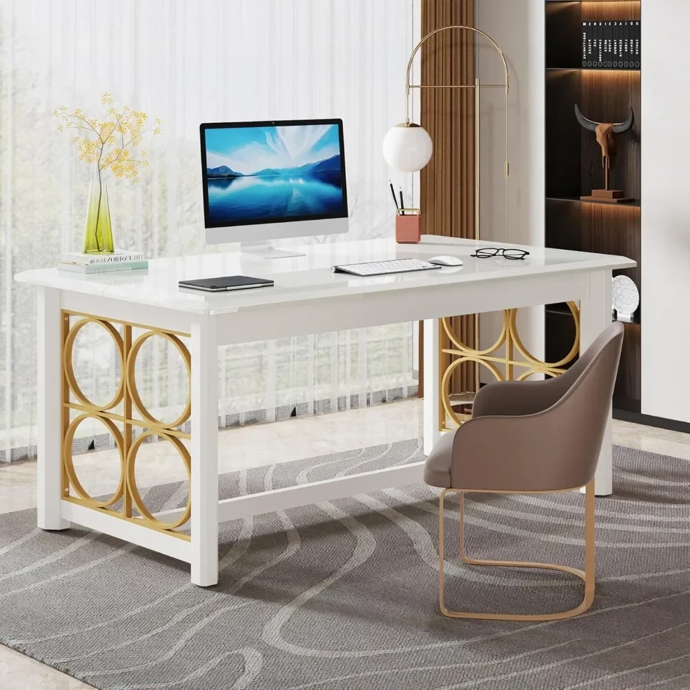 Computer Desk 55" Large Office Desk Storage Cabinet，Drawers Farmhouse  Long Monitor Stand Reversible Desk Power Outlets 3