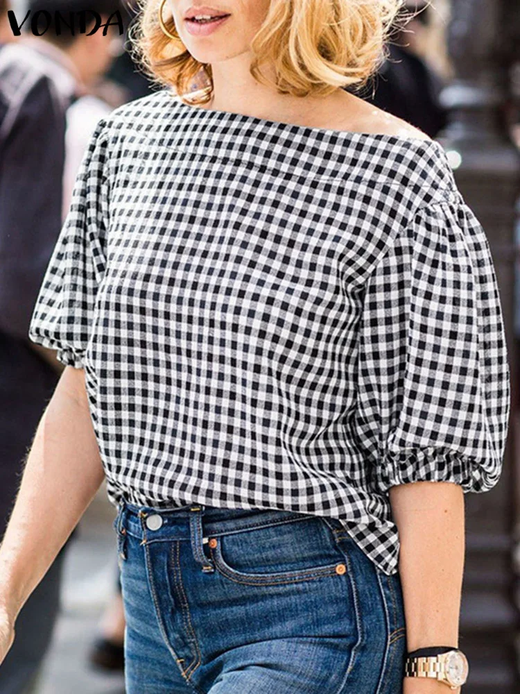 

VONDA 2024 Elegant Plaid Tops Fashion Blouse Summer Sexy Skew Collar Shirts Women Short Puff Sleeve Casual Loose Blusas Feminina